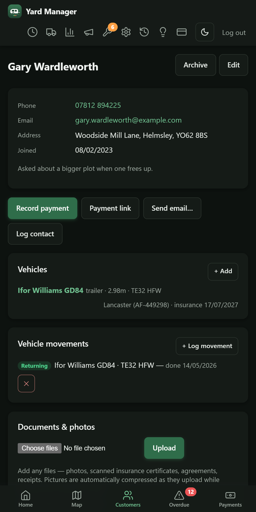 Customer page on a phone showing contact details, their caravan and its insurance date, and recent movements in and out of the yard
