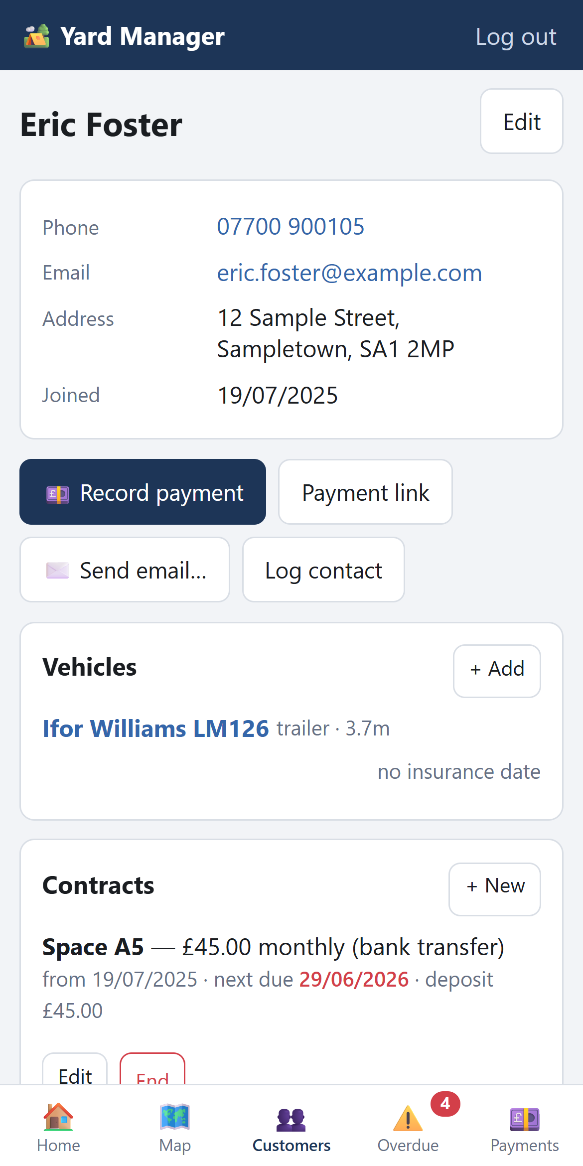 Customer page on a phone showing contact details, vehicles and contracts
