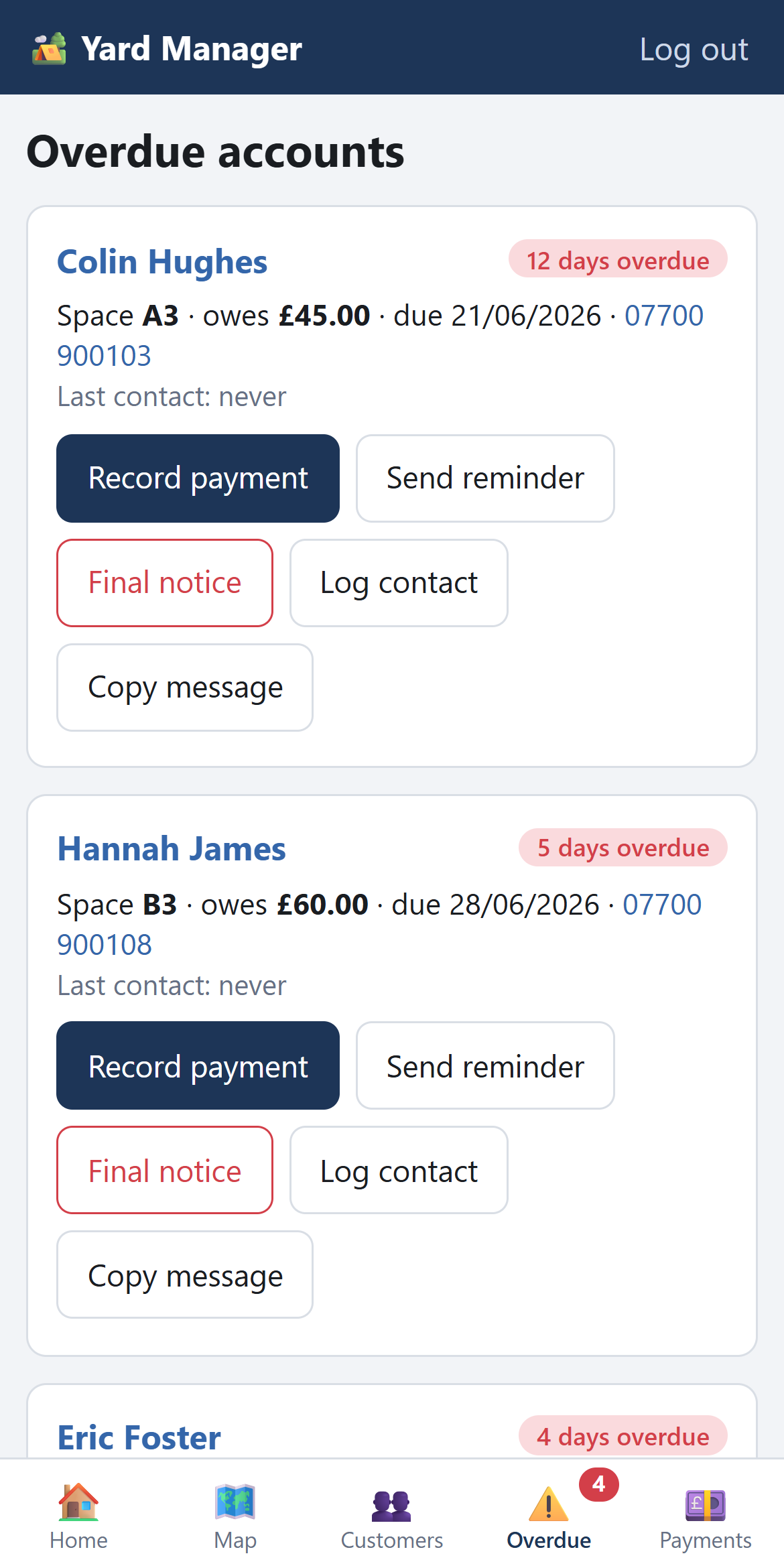 Overdue accounts screen on a phone with record payment and send reminder buttons