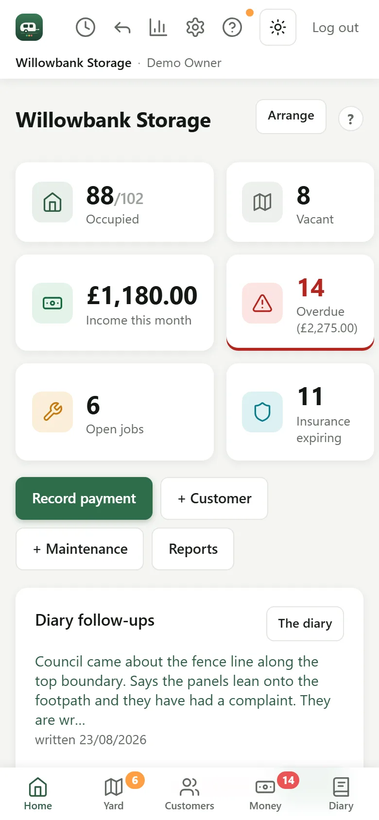 The same yard's dashboard on an Android phone: 88 of 102 plots occupied, 8 vacant, income this month, 14 accounts overdue, open maintenance jobs and insurance expiring.