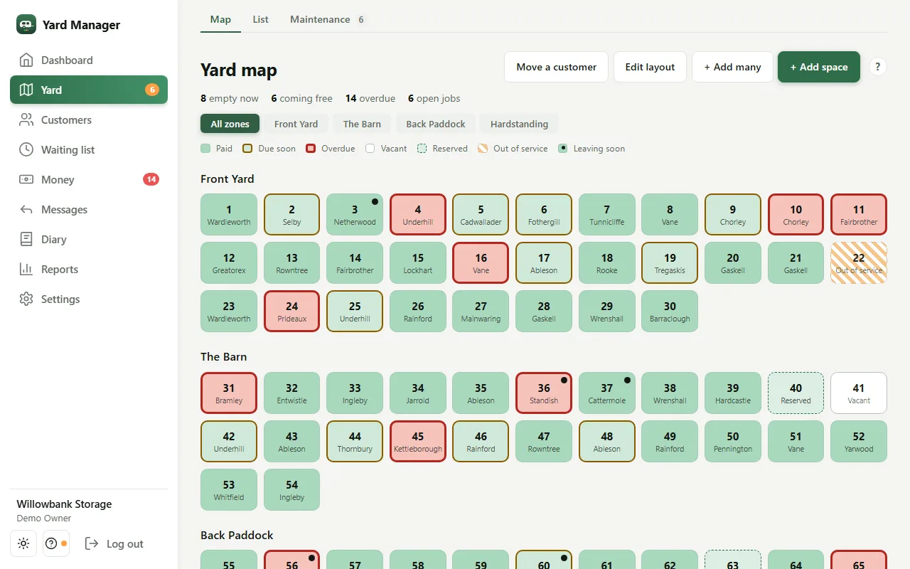 The yard map on a landscape Android tablet, with the same menu down the side as on a laptop and the Front Yard and The Barn shown as rows of colour-coded plots.