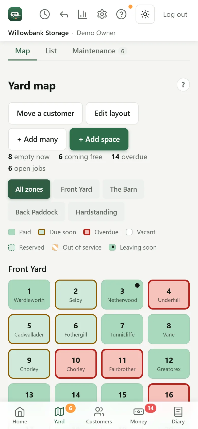Willowbank's yard map on an Android phone: 8 plots empty, 6 coming free, 14 overdue and 6 open jobs, a colour key, and the Front Yard's plots as coloured tiles.