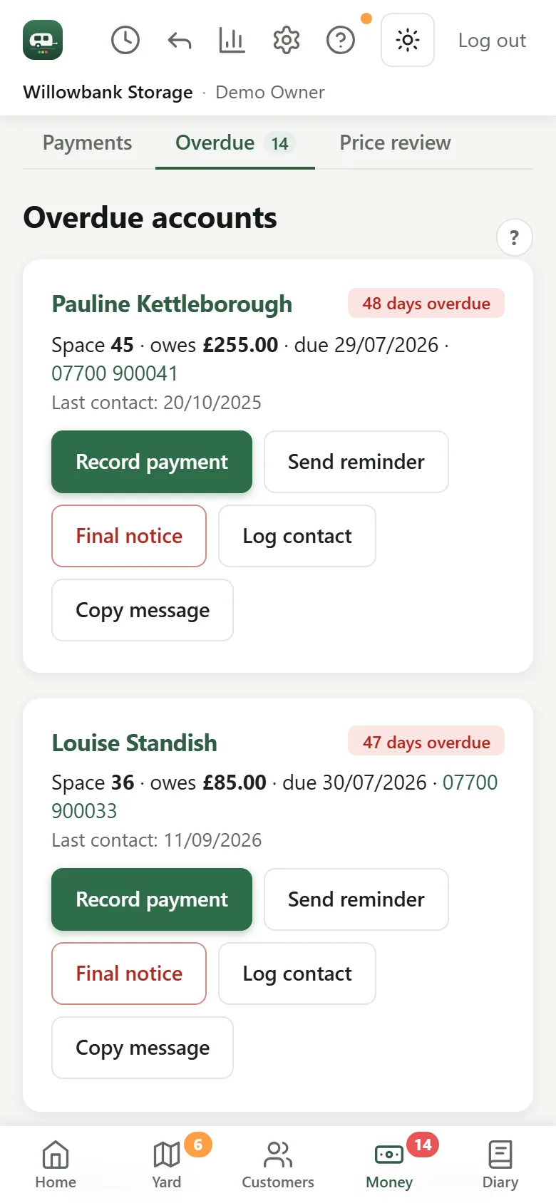 Overdue accounts on an Android phone: two customers 48 and 47 days overdue, with what they owe and buttons to record a payment or send a reminder.